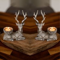 Set of 2 Stag Tealight Holders - Silver