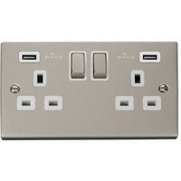 Pearl Nickel 2 Gang 13A DP Ingot 2 USB Twin Double Switched Plug Socket - White
