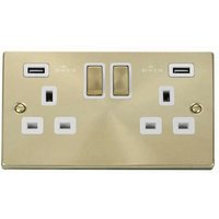 Satin Brushed Brass 2 Gang 13A DP Ingot 2 USB Twin Double Switched Plug Socket - White
