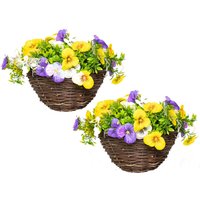 Rattan Hanging Basket of Multicolour Artificial Pansies - White / 2