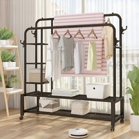 Mobile Double-Rail Clothes Rack with Bottom and Side Shelves - Black