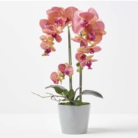 Homescapes Large 58cm Lifelike Artificial Orange Orchid in Grey Ceramic Pot - Orange