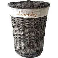 Brown Round Wicker Laundry Basket With Lid Lining - Grey / 59cm
