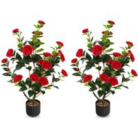 2 Pack Artificial Camellia Tree Faux Flower Plant - Red
