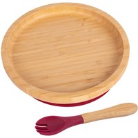 Bamboo Round Baby Weaning Plate Fork Set - Red
