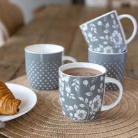 KitchenCraft 4-Piece Grey Floral Polka Dot Mug Set - Grey