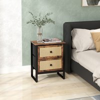 HOMCOM Bedside Table with 2 Rattan Drawers Rustic Brown - Rustic Brown