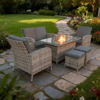 6 Person Rattan Garden Set with Fire Pit Table - Grey