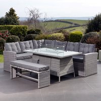 Piana 9 Seat Rattan Corner Sofa with Firepit Table and Bench - Grey