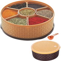 Plastic Masala Spice Box 7 Compartments with Spoon - Brown / 1