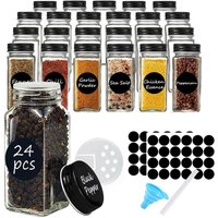 24 Glass Spice Jars with Metal Lids and Labels - Transparent