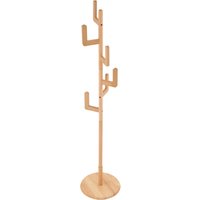 Freestanding Wooden Coat Rack with Hooks - Natural Wood