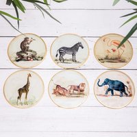 Set of 6 Vintage Safari Animal Glass Coasters - Gold