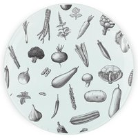 Black & White Vegetables Round Worktop Protector - Textured Glass Chopping Board - Black