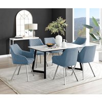 Carson White Marble Effect Dining Table and 6 Falun Silver Leg Chairs - Blue