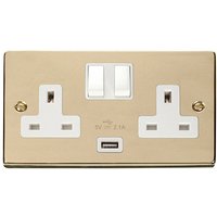 Polished Brass 2 Gang 13A 1 USB Twin Double Switched Plug Socket - White