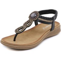 Rhinestone and Bead Decorated Flat Sandals - Black / UK 6 / EU 39