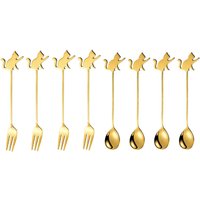 Stainless Steel Cat or Fish Fork and Spoon Set - Gold / 15cm / 8