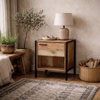 Lucan Oak-Effect Distressed Bedside Table - 1 Drawer, Open Shelf - Brown
