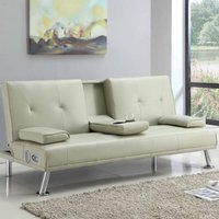 Comfy Living, Cream Faux Leather Bluetooth Cinema Sofa Bed with Drink Cup Holder - Cream Comfy Living, Cream Faux Leather Bluetooth Cinema Sofa Bed with Drink Cup Holder - Cream