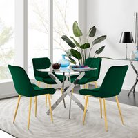 Novara Gold Round Dining Table and 4 Pesaro Gold Leg Chairs - Green