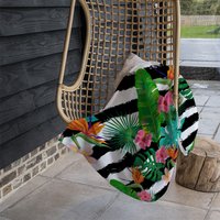Tropical Plants On Black White Stripes Blanket - Green