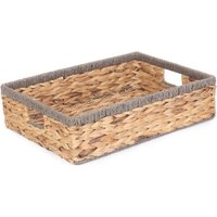 Shallow Rectangular Water Hyacinth With Grey Rope Border Storage Basket - Brown / 34cm
