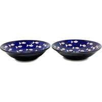 Signature Blue White Fish Hand Painted Ceramic Pasta Bowls - White
