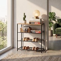 4 Tier Wooden Shoe Bench Metal Frame Storage Rack - black