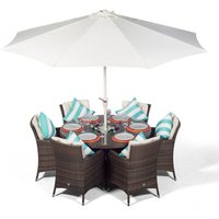Savannah Round Rattan Patio Dining Set with Ice Bucket Drinks Cooler - Brown / 6