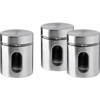3 Silver Storage Canisters With Glass Window & Air Tight Screw Top - Silver