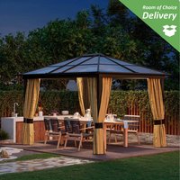 Outsunny 3x3.6m Garden Gazebo with Magnet LED Solar Light - Brown