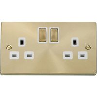 Satin Brushed Brass 2 Gang 13A DP Ingot Twin Double Switched Plug Socket - White
