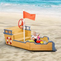 Outsunny Kids Wooden Sand Pit Pirate Ship Sandbox Orange - Orange