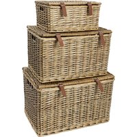 Handmade Buff Wicker Hampers with Faux Leather Straps - Natural / Set of 3 Baskets