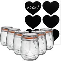 750ml Glass Storage Jars with Heart Labels Pack of 6 - Clear