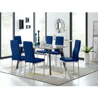 Furniturebox UK, Andria Black Leg Marble Effect Dining Table and 6 Velvet Milan Chairs - Navy Furniturebox UK, Andria Black Leg Marble Effect Dining Table and 6 Velvet Milan Chairs - Navy