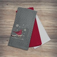 Festive Fun 3 Pack Super Absorbent Fast Drying Tea Towels Winter Robin - Grey