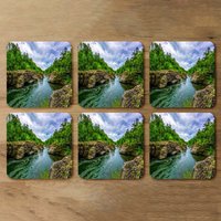 River in mountain forest landscape Designer Coaster Set - Green