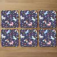 unicorns on navy Designer Coaster Set - Purple
