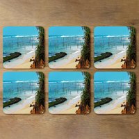 Fishermen on the ocean coast of Sri Lanka Designer Coaster Set - Blue