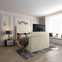 Cubica Upholstered TV Bed Frame - Plush Velvet Fabric - Cream / Superking