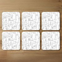 line drawing of faces Designer Coaster Set - White