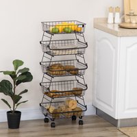 HOMCOM 5 Tier Storage Trolley Cart Vegetable Rack with Wheels - Black