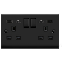 Matt Black 2 Gang 13A DP Ingot 2 USB Twin Double Switched Plug Socket - Matt Black