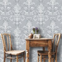 Rasch Amelie Damask Floral Blue White Wallpaper Roll Bedroom Hallway Wall Decor - Blue / Full Roll