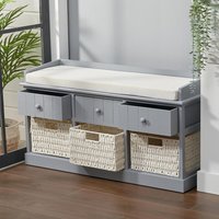 Hallway Upholstered Bench with 3 Rattan Storage Baskets - Grey