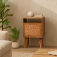 Breil Mango Wood Bedside Table with Rattan Door and Angled Legs - Brown