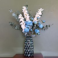 Blue Peony White Delphinium Eucalyptus Glass Vase - Blue Peony Delphinium Glass Vase