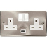Satin Brushed Chrome 2 Gang 13A 1 USB Twin Double Switched Plug Socket - White